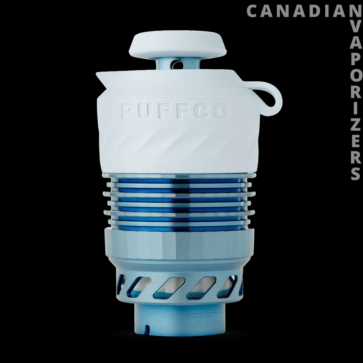 Puffco Peak Pro 3DXL Chamber - White Puffco Peak Pro 3DXL chamber with a translucent blue ribbed base and vented metal collar.