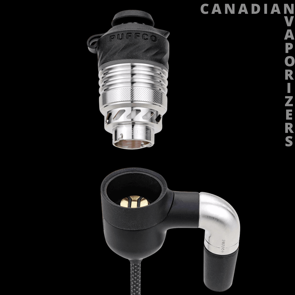 Puffco Peak Pro Link - Puffco Peak Pro Link with a black silicone connector, silver metal joint, and curved elbow.