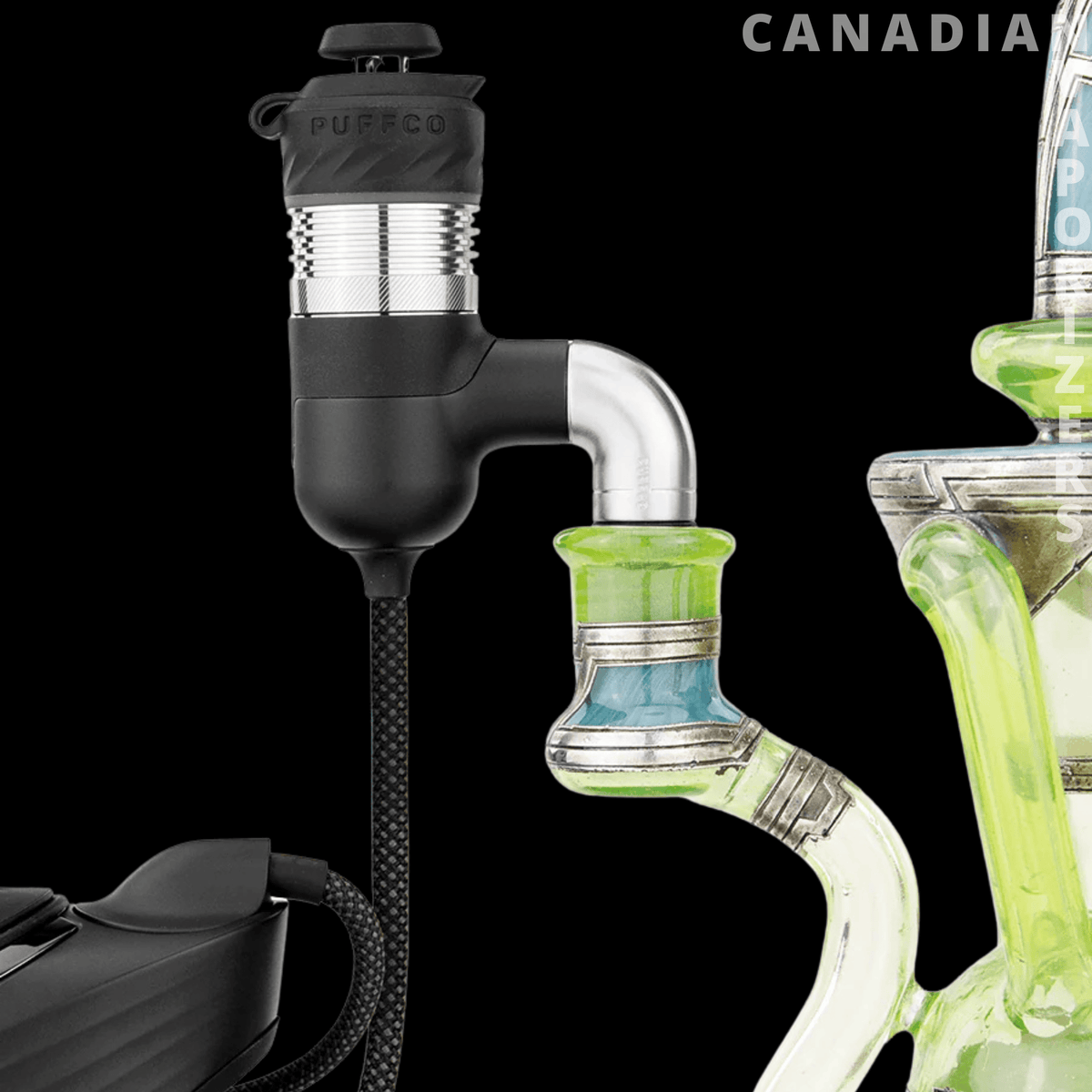 Puffco Peak Pro Link - Black Puffco Peak Pro Link with a textured hose, metal connector, and lime-green glass fittings.