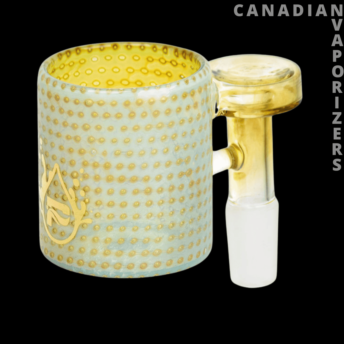 Puffco Proxy 90 degree Bong / Dab Rig Attachment - White ceramic Puffco Proxy attachment with raised gold dots, gold rim, and a clear 90-degree glass joint.
