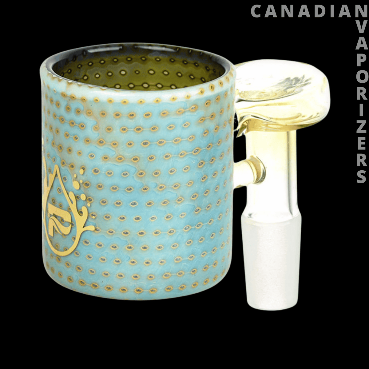 Puffco Proxy 90 degree Bong / Dab Rig Attachment - Blue ceramic Puffco Proxy 90-degree attachment with gold dot accents and gold swirl detail.
