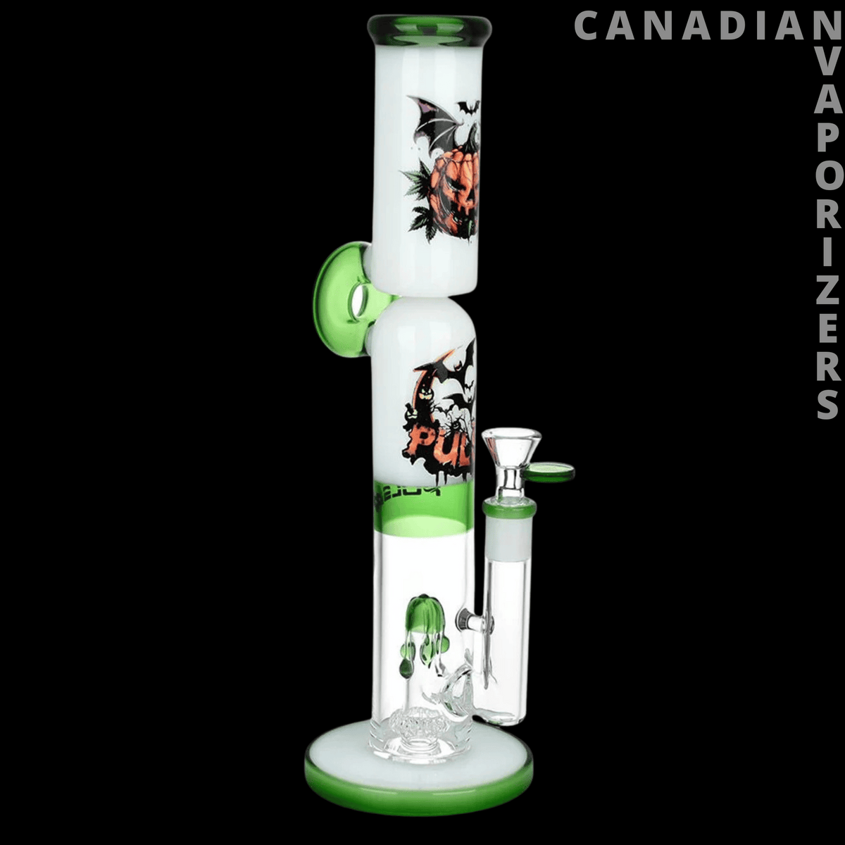Pulsar 13" Pulsar Double Stacked Halloween Glass Water Pipe / 14mm F - 13-inch white glass water pipe with green accents, stacked chambers, and Halloween artwork.