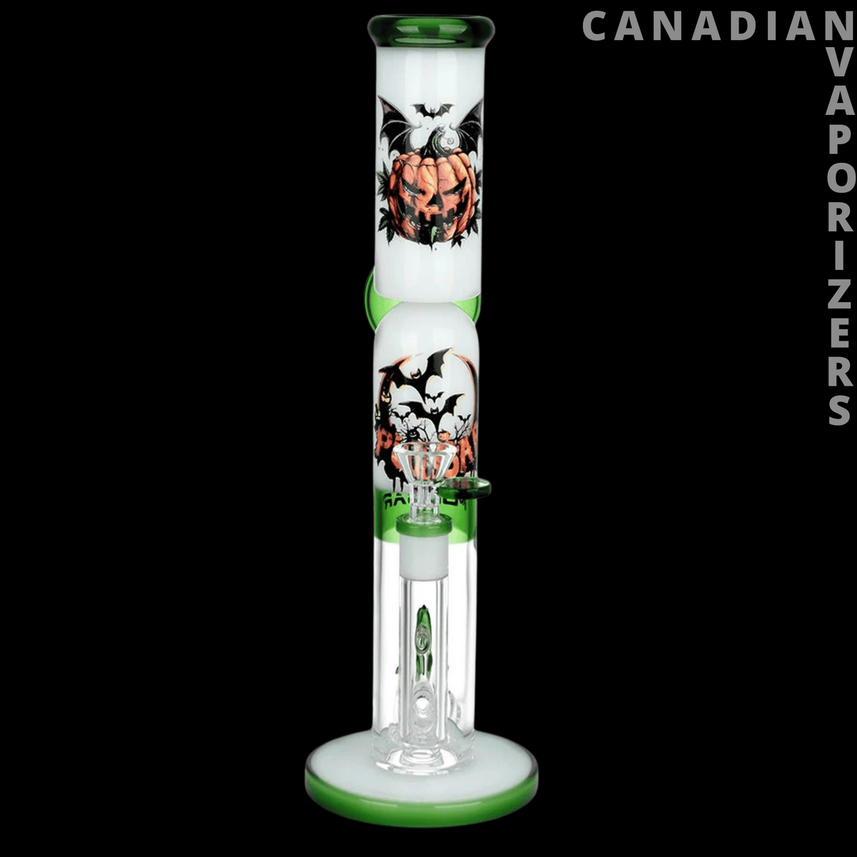 Pulsar 13" Pulsar Double Stacked Halloween Glass Water Pipe / 14mm F - 13-inch clear glass water pipe with green accents and stacked Halloween skull and skeleton artwork.