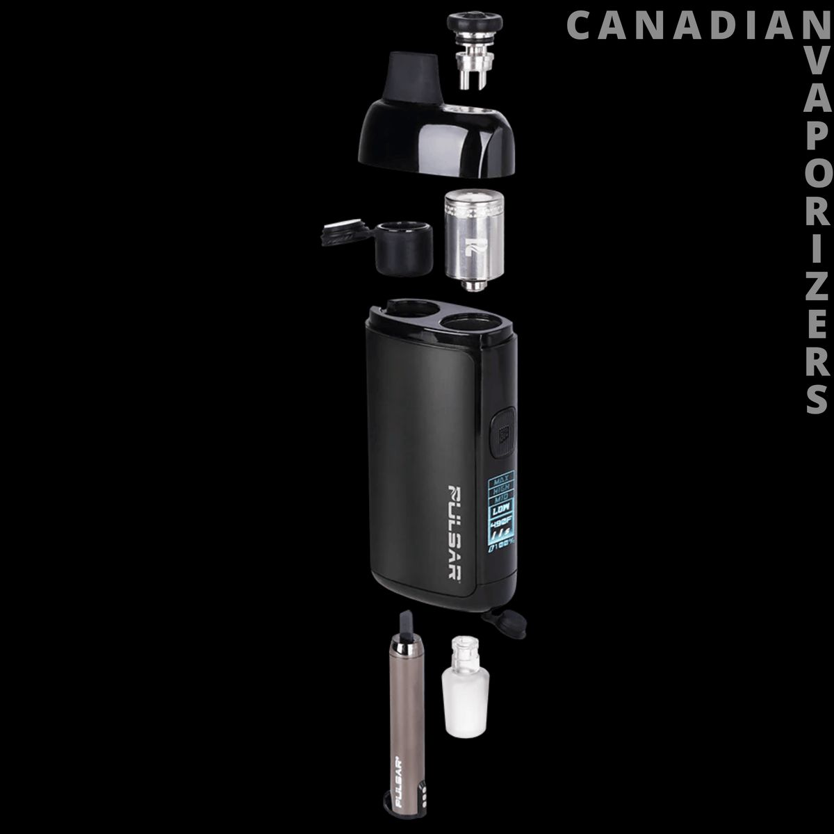 Pulsar Chorus Vaporizer - Exploded view of a black Pulsar Chorus vaporizer with a clear glass chamber and removable components.