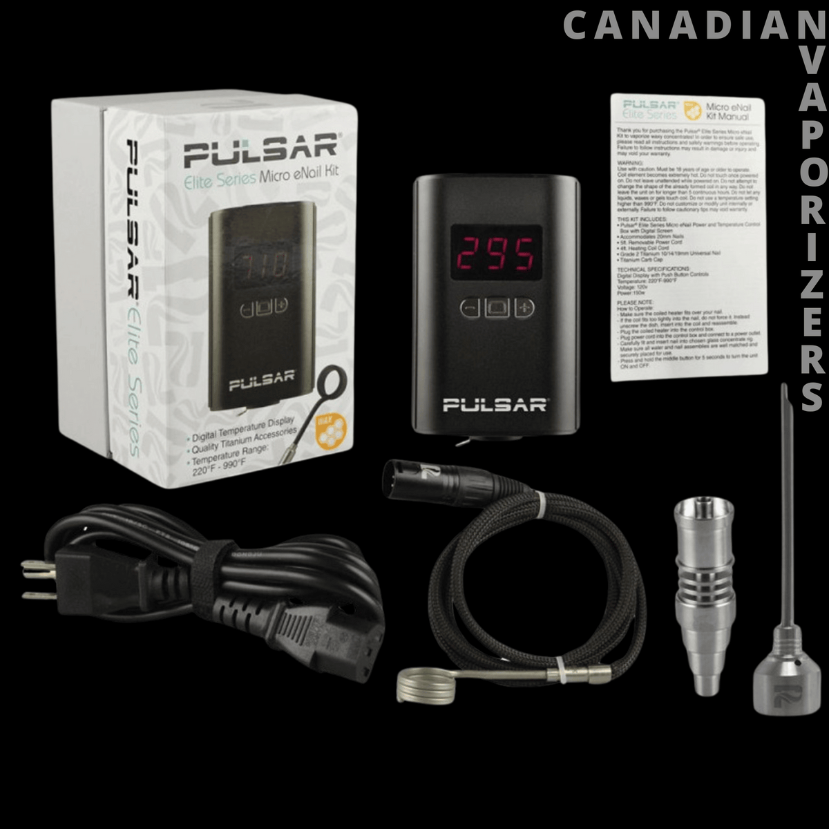 Pulsar Elite Series Micro eNail Kit - Pulsar Elite Series Micro eNail kit with digital controller, black power cord, coiled cable, and metal nail fittings.