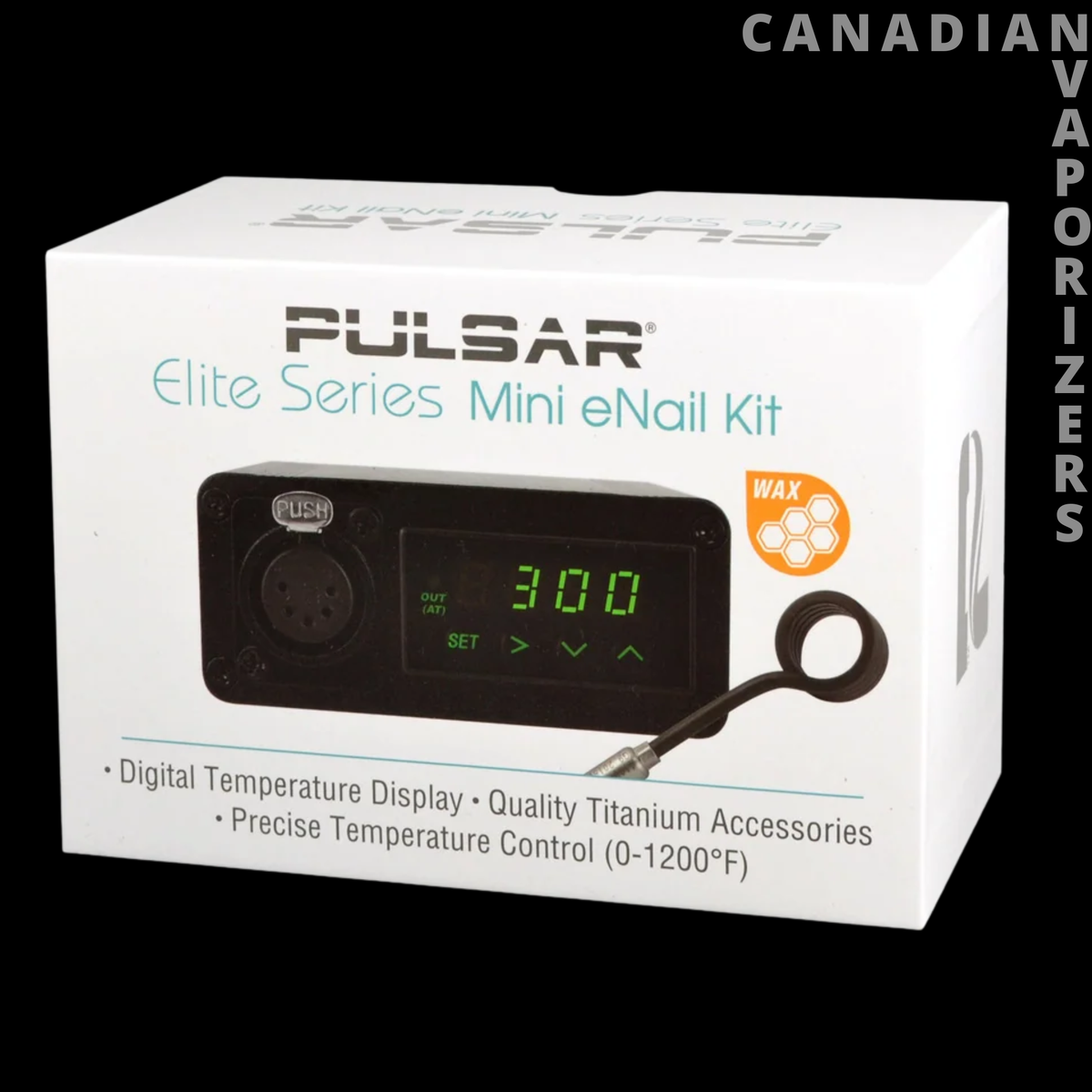 Pulsar Elite Series Mini eNail Kit - Pulsar Elite Series Mini eNail Kit box with digital temperature controller display and titanium accessories text.