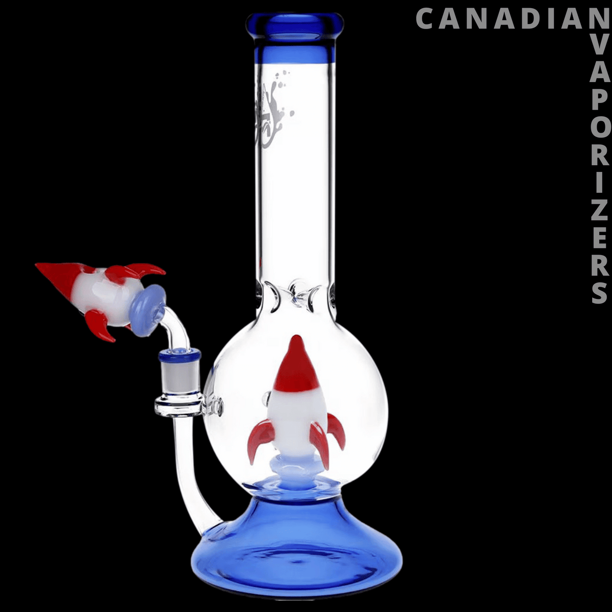Pulsar Rocketship Glass Water Pipe – 12" - Clear glass rocketship water pipe with a blue base and accents, featuring a red-and-white rocket centerpiece.
