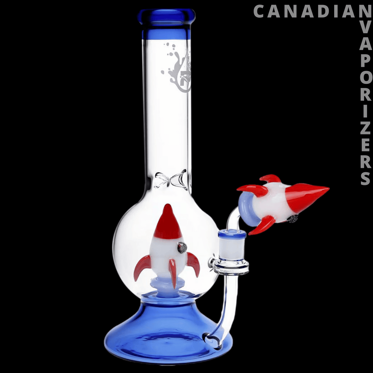 Pulsar Rocketship Glass Water Pipe – 12" - Clear glass rocketship water pipe with blue accents, red-and-white rocket details, and a rounded blue base.