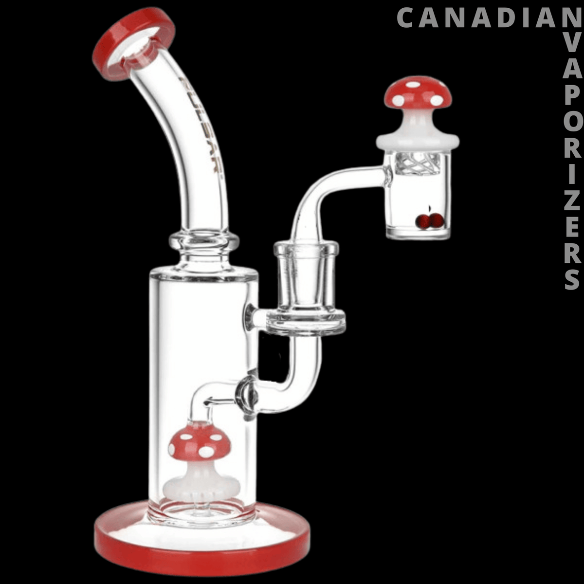 Pulsar Shroom Rig Set w/ Carb Cap - 8.5" (Red) - Clear glass rig with red mushroom-shaped carb cap, red accents, and round red base.