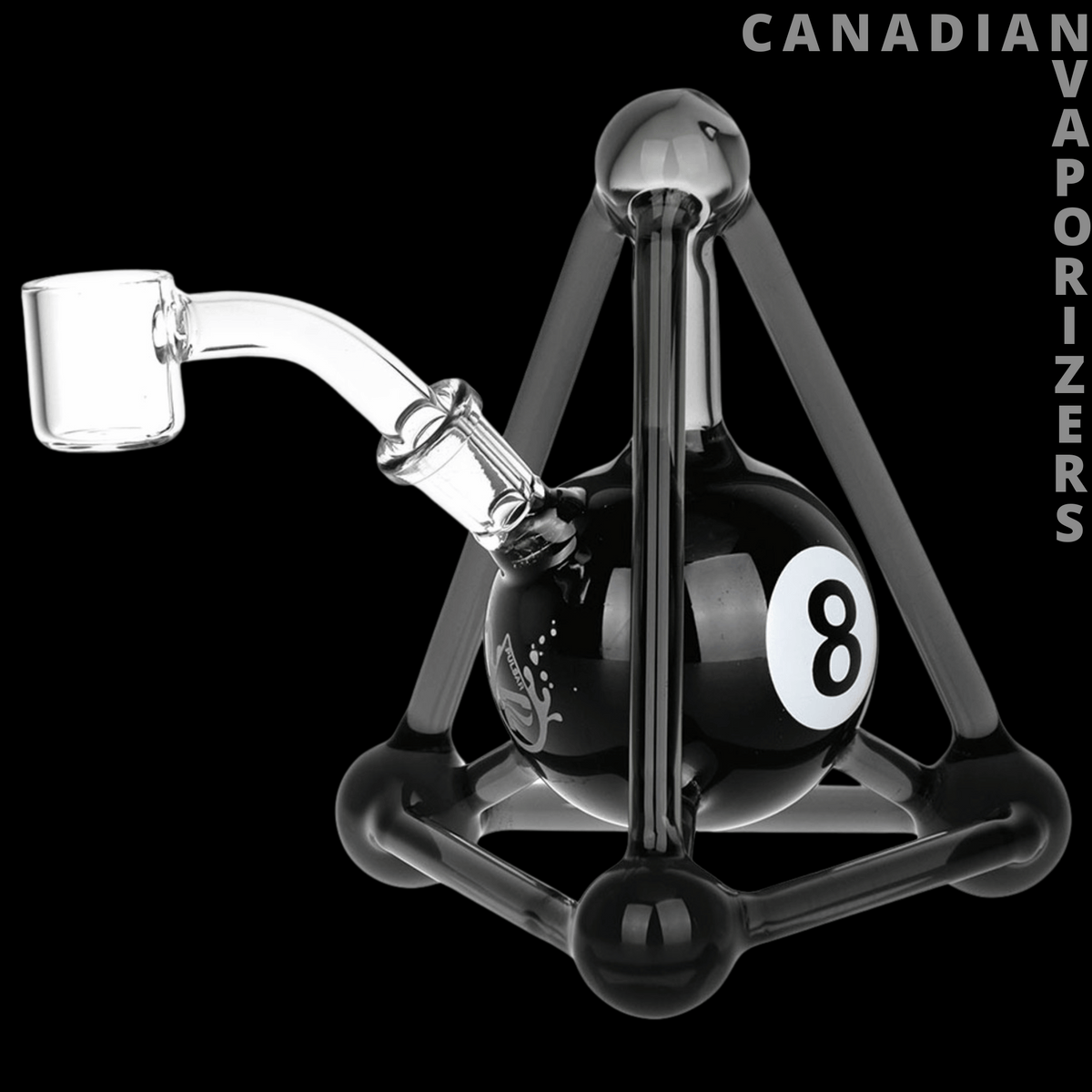 Pulsar "Corner Pocket" 8 Ball Dab Rig - Black triangular glass dab rig with a white 8-ball detail and clear angled quartz banger.