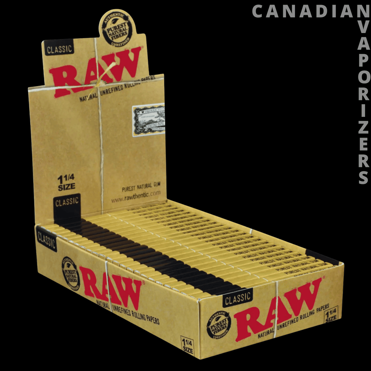Raw 1¼ Classic Rolling Papers (Display of 24) - Display of 24 RAW Classic unbleached rolling paper packs in a tan-and-red counter tray.