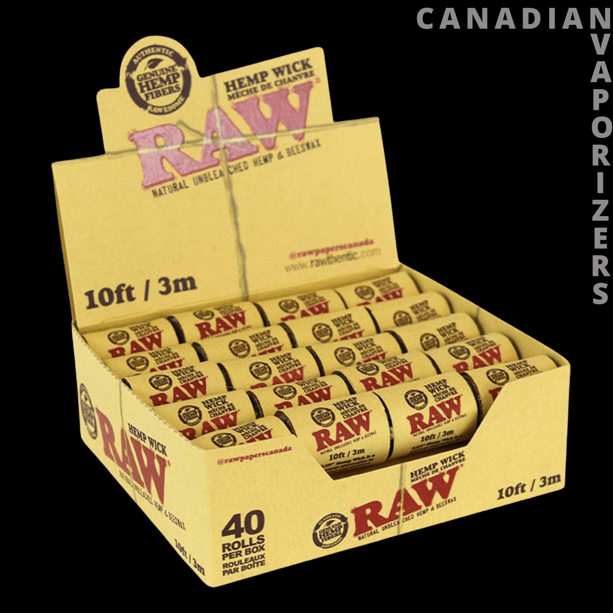 Raw Hemp Wick 10ft (3 Meter) (Display of 40) - Display box of 40 natural hemp wick spools, with yellow packaging and bold red RAW branding.