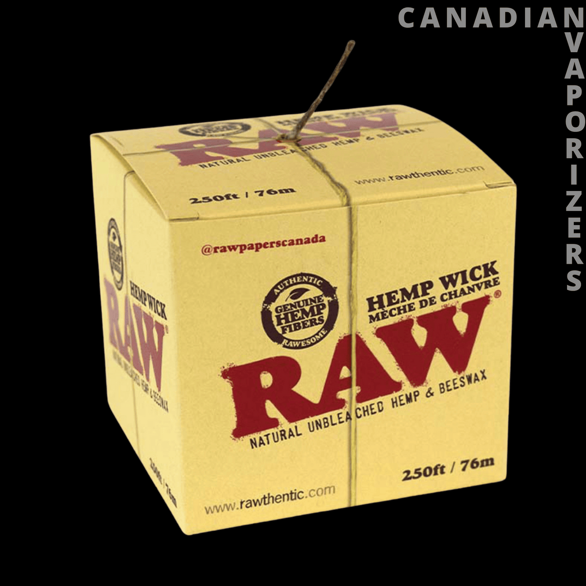 Raw Hemp Wick 250ft (76.2 Meter) - Yellow cardboard dispenser box of Raw Hemp Wick, labeled 250 ft, with a strand of wick extending from the top.