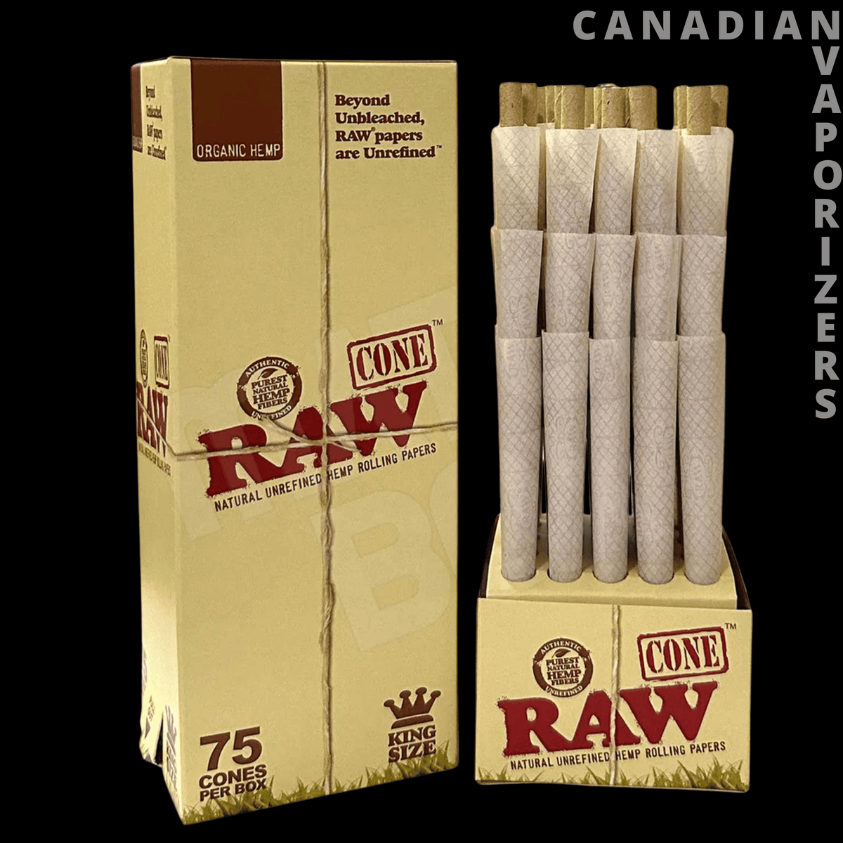 Raw King Size Organic Pre-Rolled Cones (Pack of 75) - Gold RAW King Size organic pre-rolled cone boxes, with several tan paper cones displayed upright in a tray.