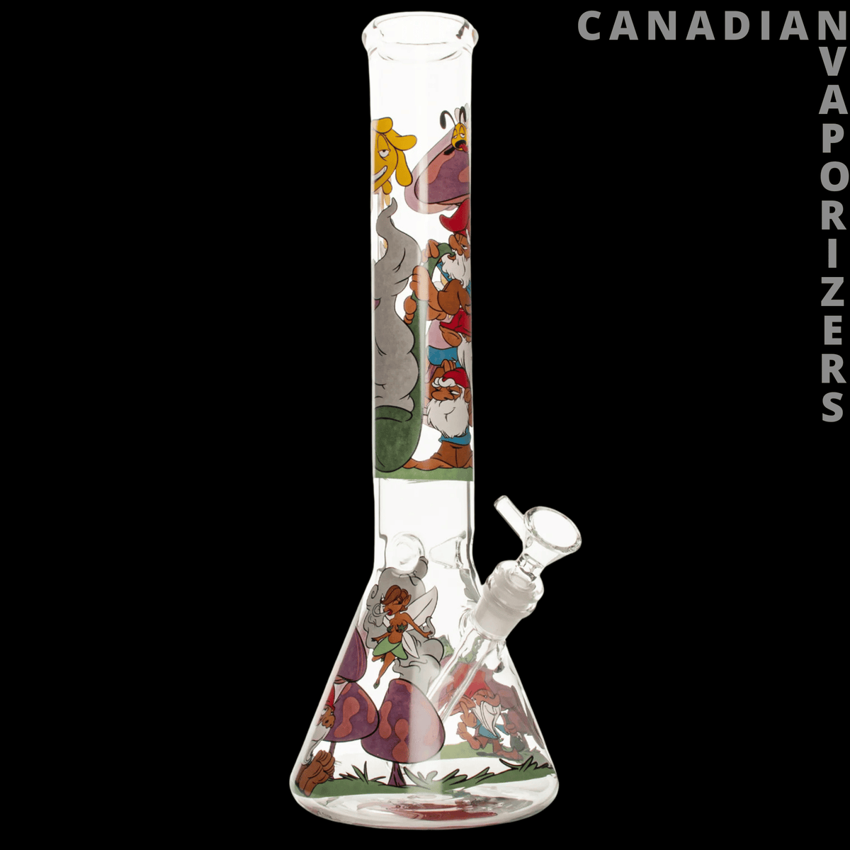 Red Eye Glass 15" Knotty Gnomes Water Pipe - 15-inch clear glass water pipe with a flared base, angled bowl, and colorful gnome artwork.