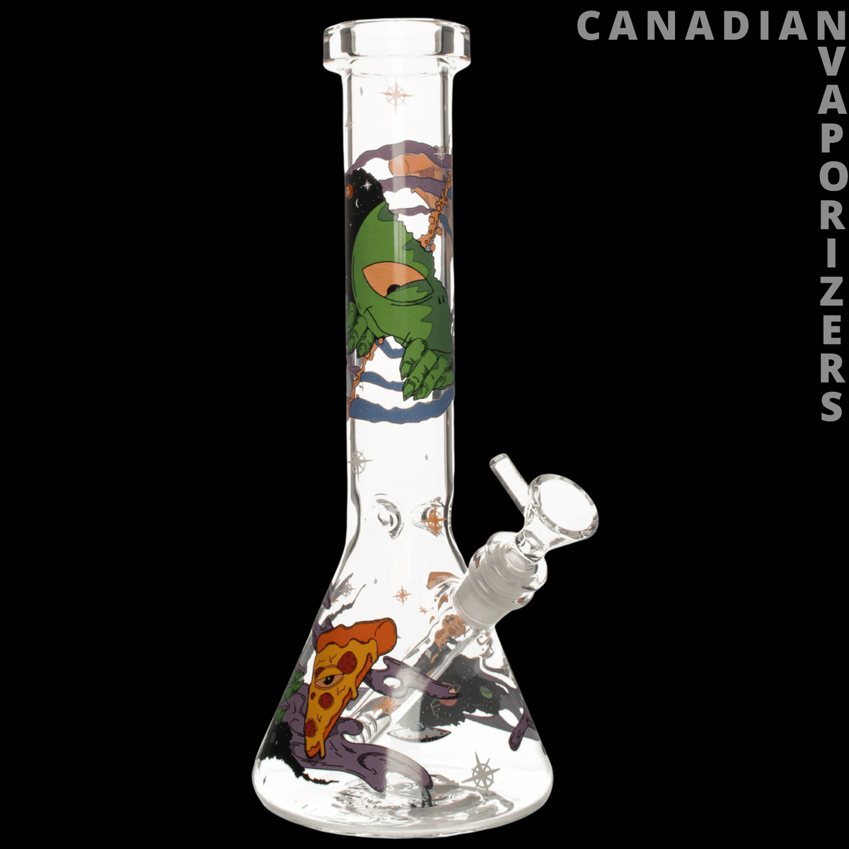 Red Eye Glass 12" Pizza Alien Water Pipe - Clear glass water pipe with a flared base, colorful alien and pizza decals, and angled bowl.