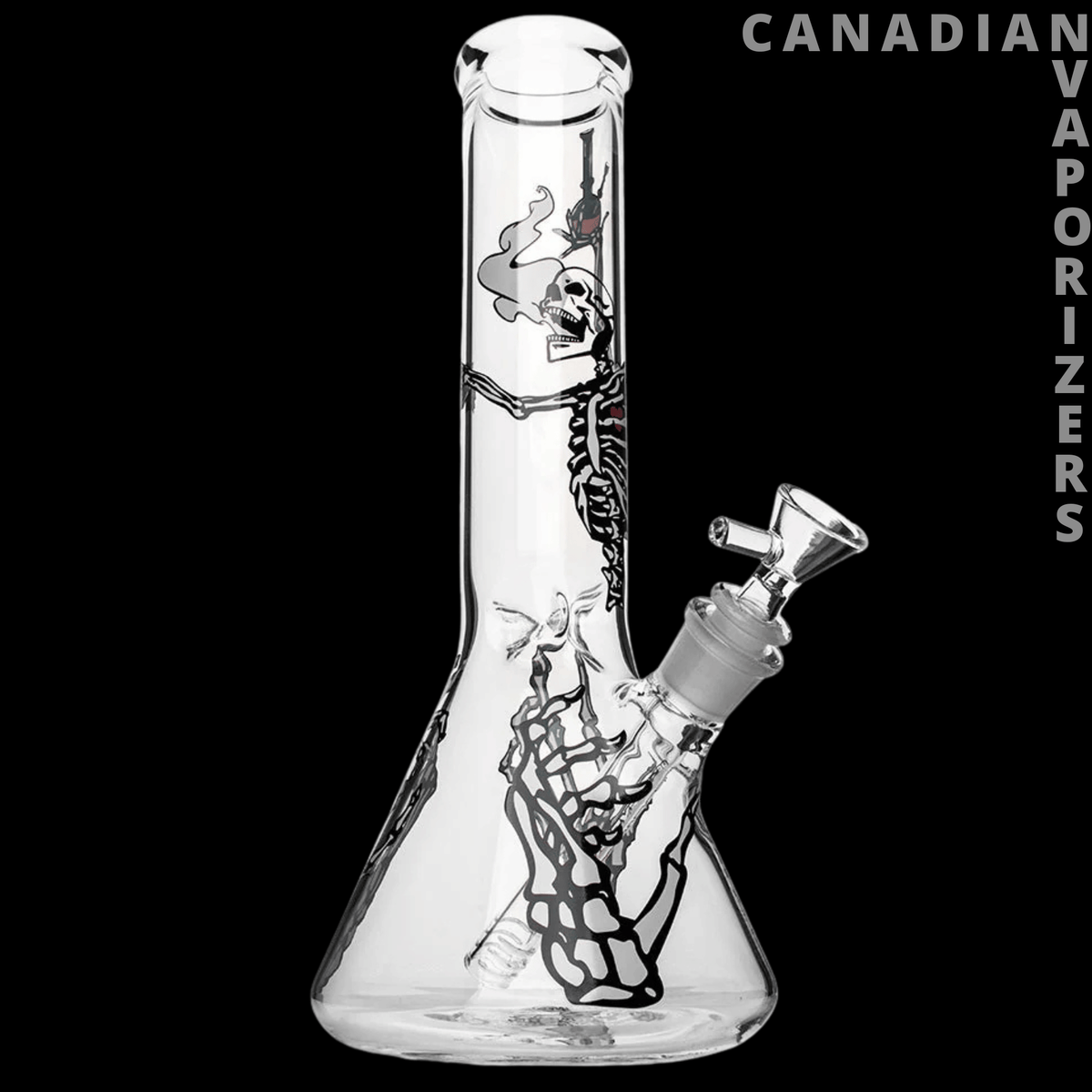 Red Eye Glass 12" Skelebong Beaker Base Water Pipe - Clear 12-inch beaker water pipe with black skeletal graphics and an angled glass bowl.