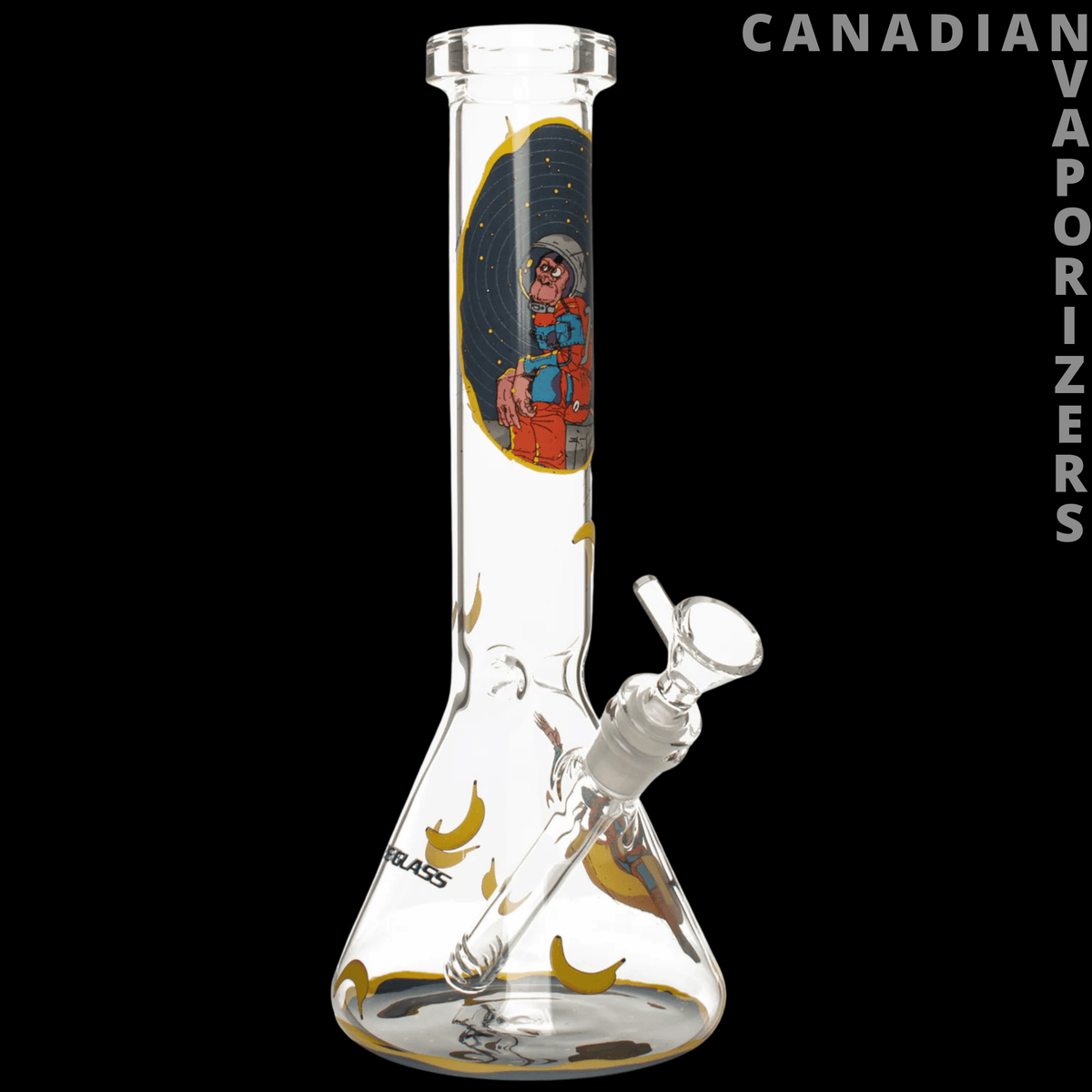 Red Eye Glass 12" Space Monkey Water Pipe - Clear glass beaker water pipe with colorful space monkey artwork, gold accents, and angled bowl stem.