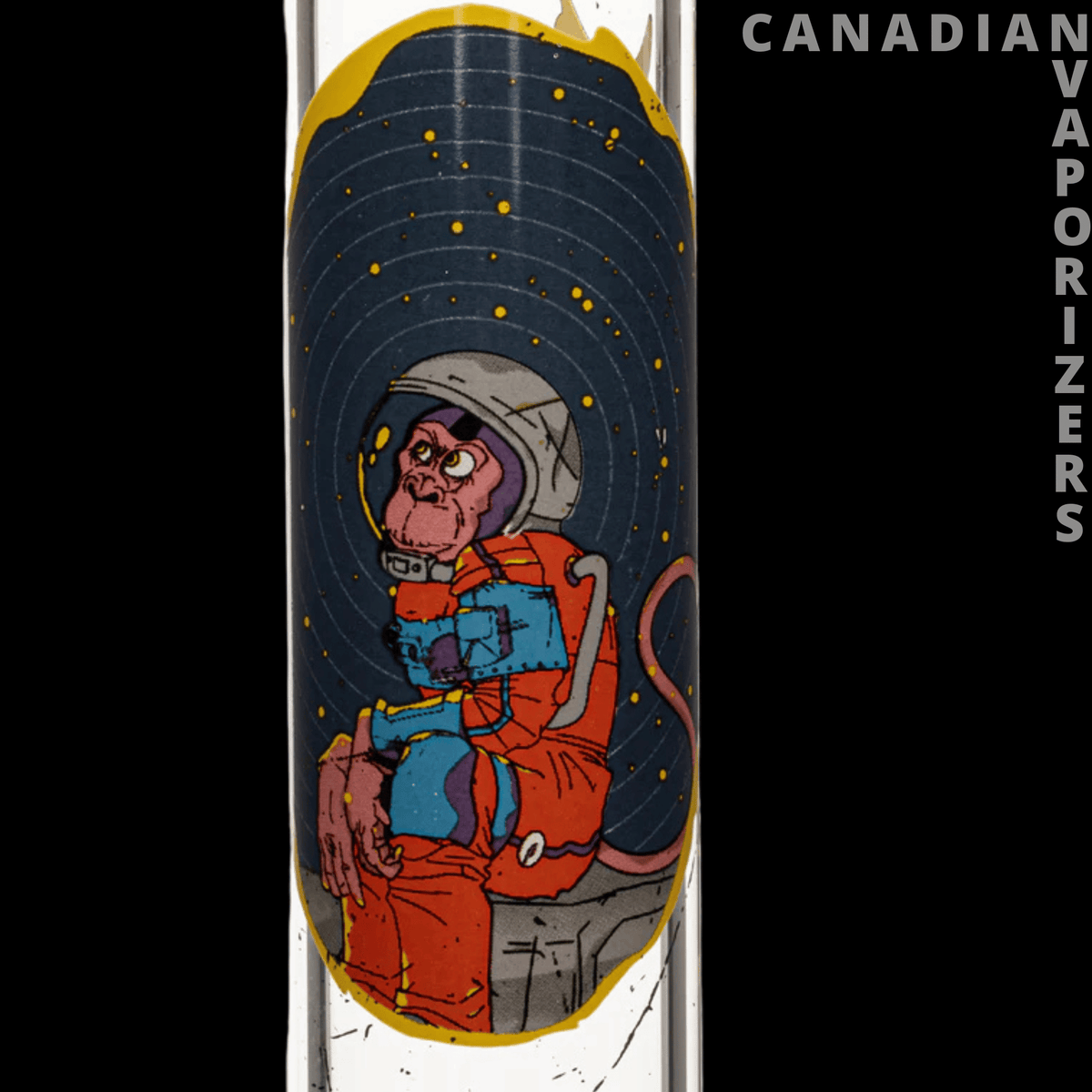 Red Eye Glass 12" Space Monkey Water Pipe - Black glass water pipe featuring a red cartoon monkey in a space suit against a starry backdrop.