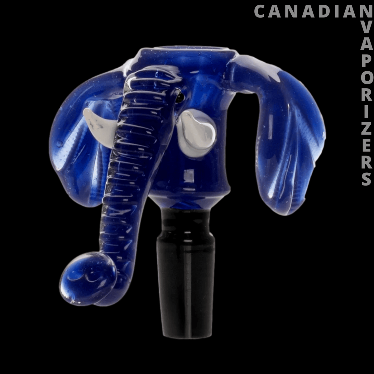Red Eye Glass 14mm Elephant Trunk Cone Pull-Out - Blue glass pull-out bowl shaped like an elephant, with a curled trunk and black 14mm stem.