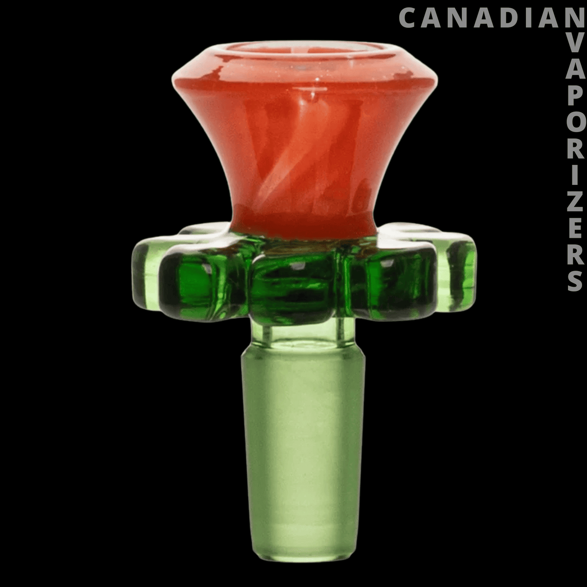 Red Eye Glass 14mm Trumpet Flower Pull-Out - Orange trumpet-shaped glass pull-out bowl with a flared rim and green 14mm stem.