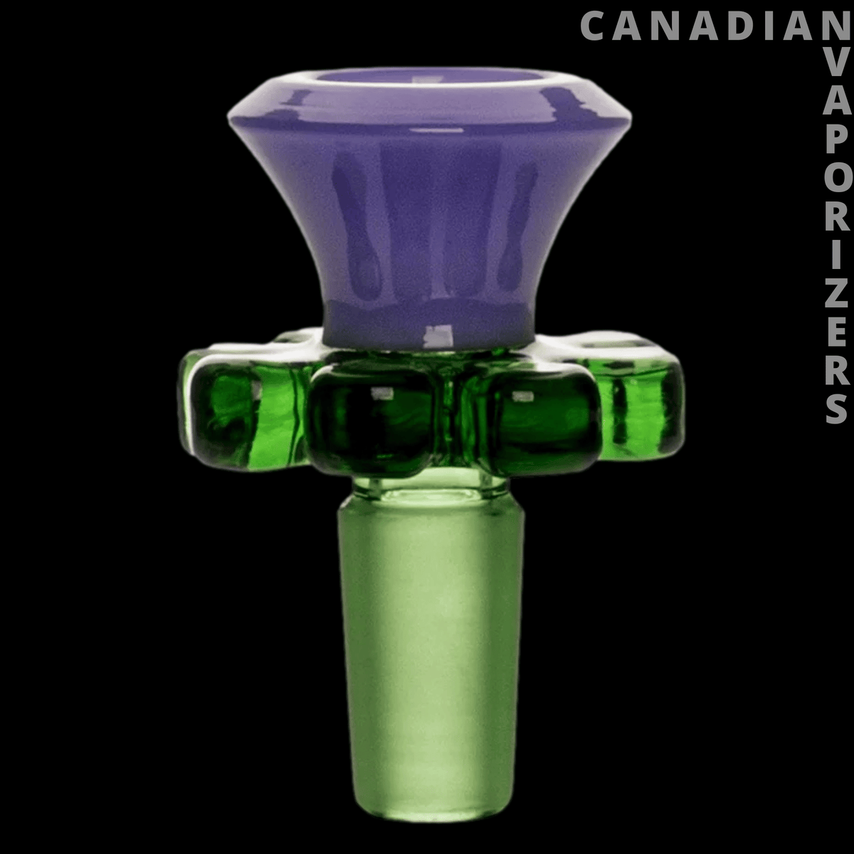 Red Eye Glass 14mm Trumpet Flower Pull-Out - Green glass 14mm pull-out bowl with a purple trumpet-shaped flower top and tapered stem.