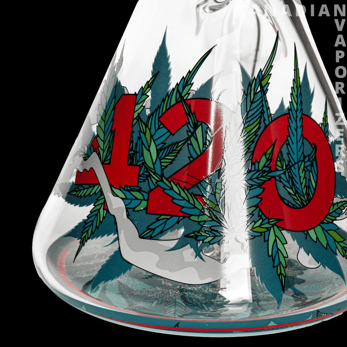 Red Eye Glass 15" 7mm Thick 420 Eye Water Pipe - Clear glass water pipe with a wide base, decorated with red lettering and teal leaf graphics.