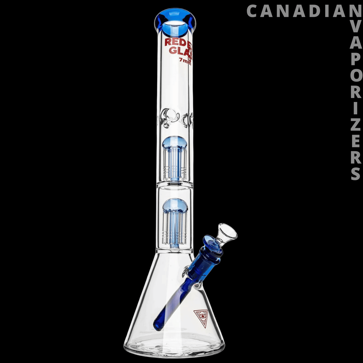 Red Eye Glass 18" 7mm Thick Wildwood Triple Chamber Beaker Base Water Pipe - Clear glass triple-chamber beaker water pipe with blue accents, angled mouthpiece, and 18-inch design.