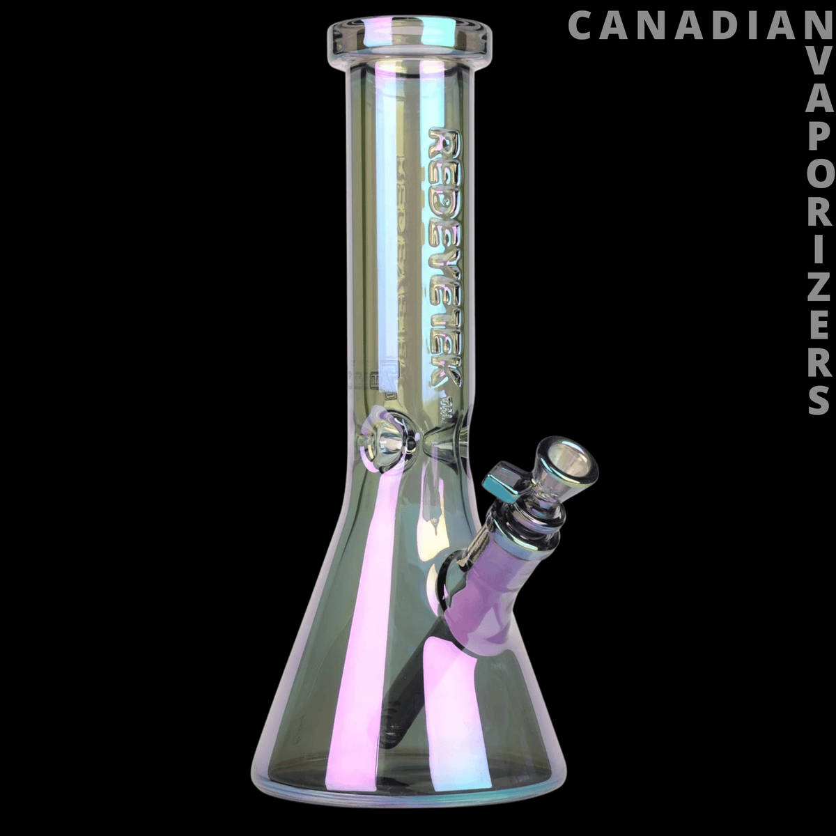 Red Eye Tek 12" 7mm Thick Terminator Water Pipe - Metallic rainbow glass water pipe with a flared beaker base, angled side joint, and “Red Eye Tek” logo.
