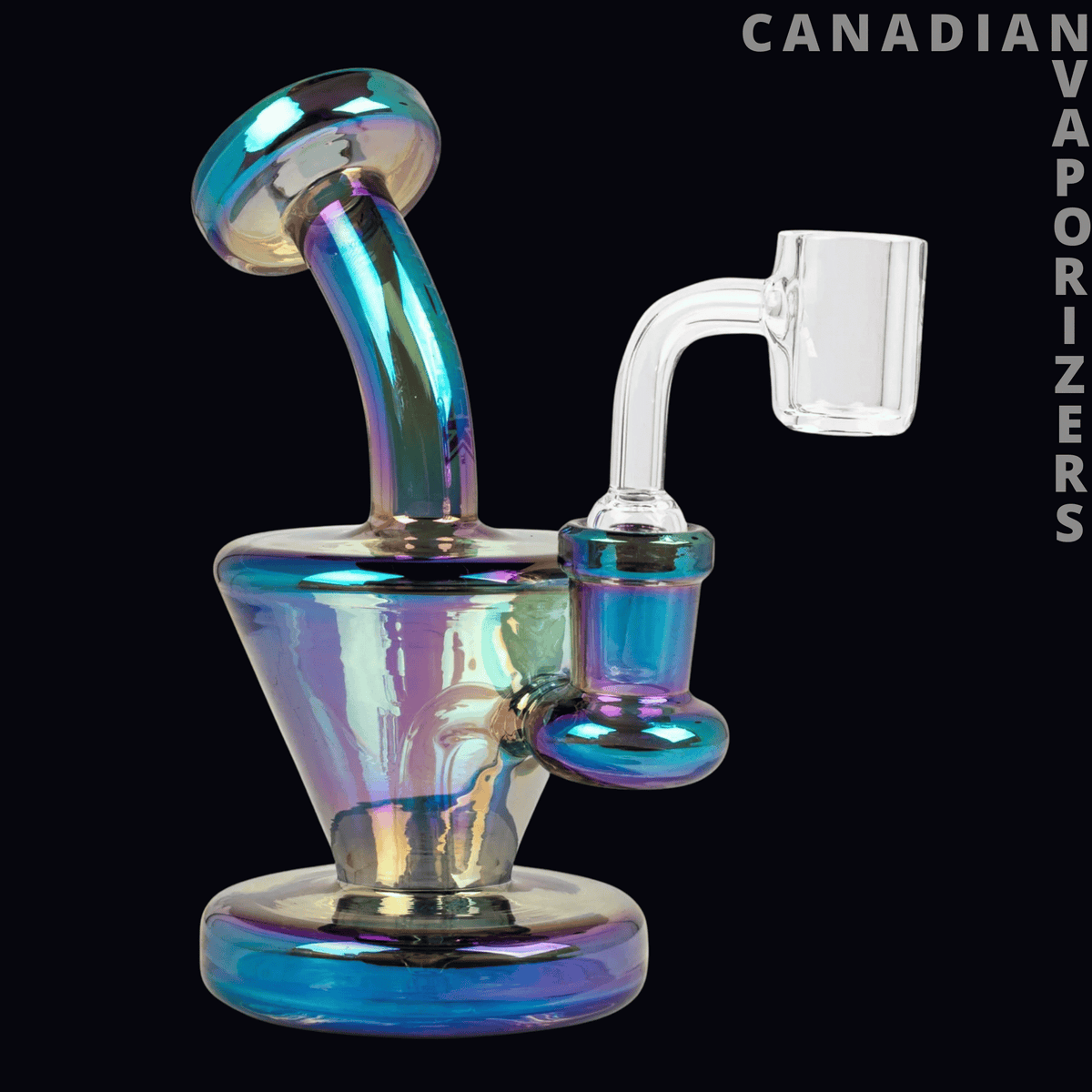 Red Eye Tek 5.5" Metallic Terminator Finish Quantum Concentrate Rig - Iridescent blue and purple glass concentrate rig with curved neck, round base, and clear quartz banger.