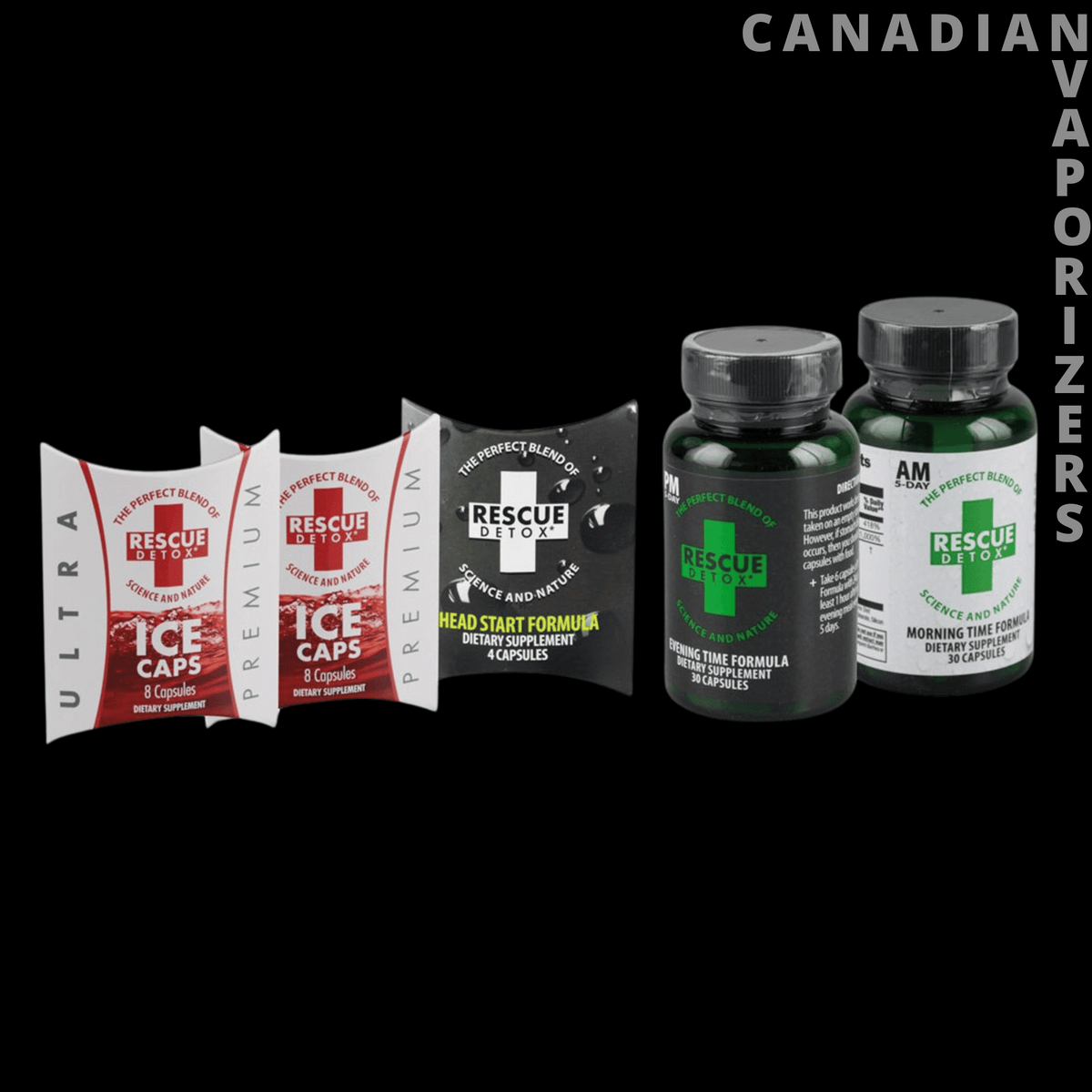 Rescue Detox 5-Day Concentrate - Rescue Detox 5-Day Concentrate with two dark bottles and a row of red-and-white detox sachets.