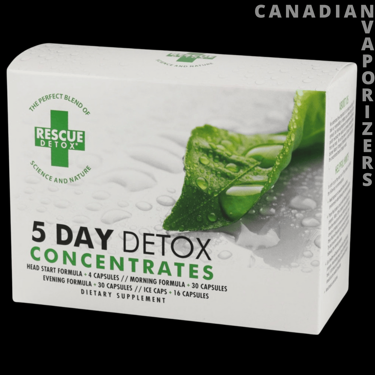Rescue Detox 5-Day Concentrate - White Rescue Detox 5 Day Concentrate box with green leaf graphics and bold green lettering.