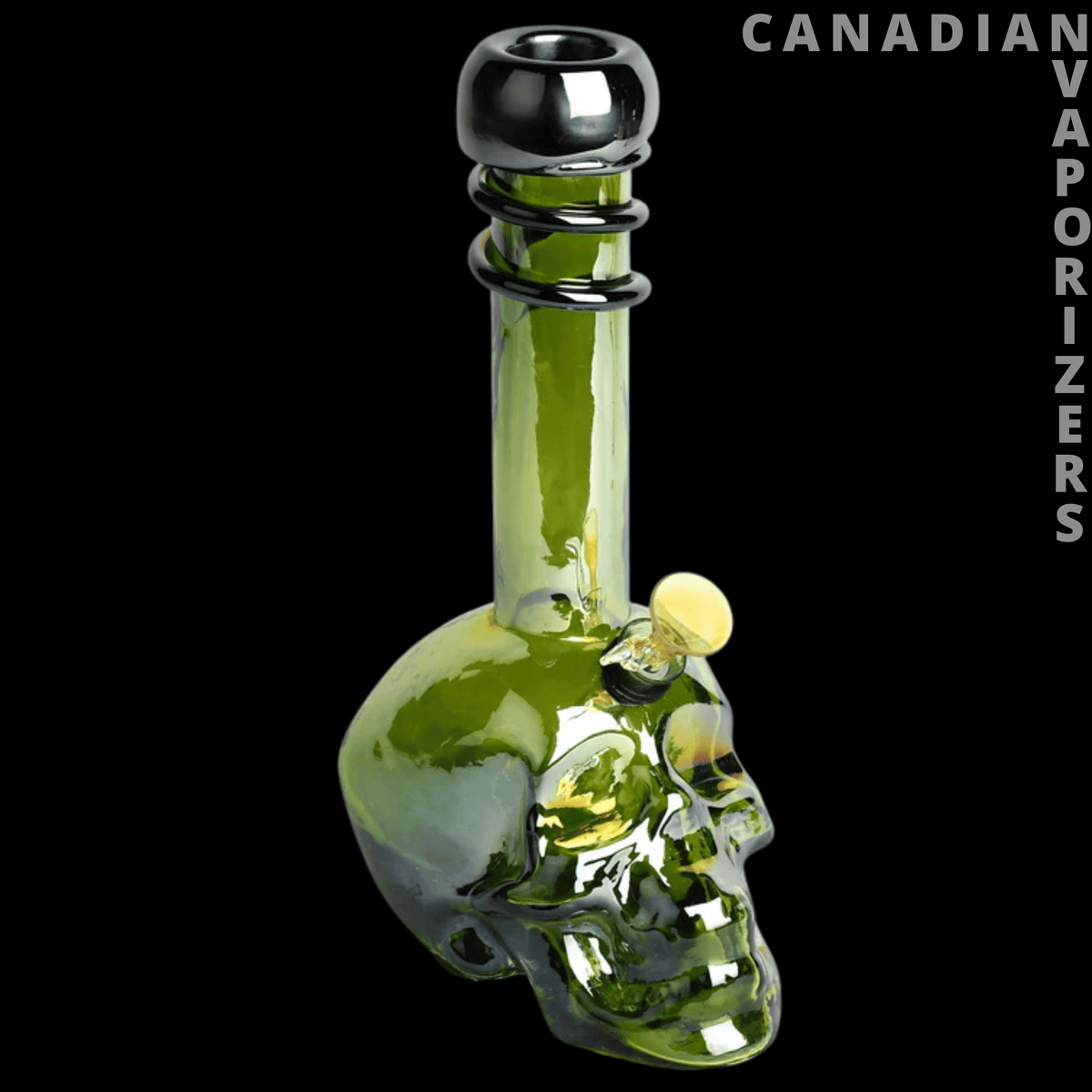 Retro Glass 14" Platinum Metallic Large Skull Tube - Green glass skull bong with a tall tube, black mouthpiece, and small side bowl.