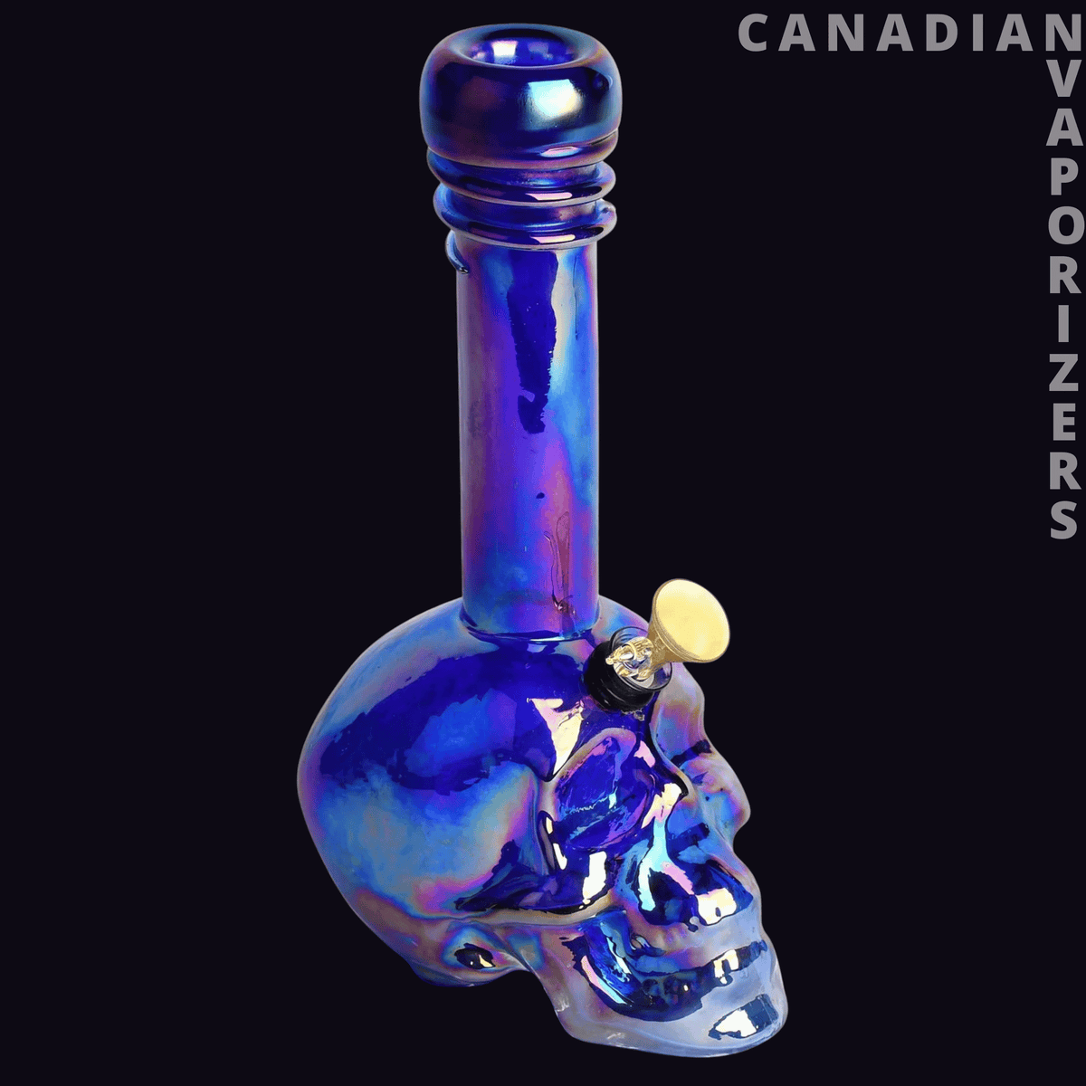Retro Glass 14" Platinum Metallic Large Skull Tube - Blue and purple metallic glass skull bong with a tall ridged neck and gold accent.