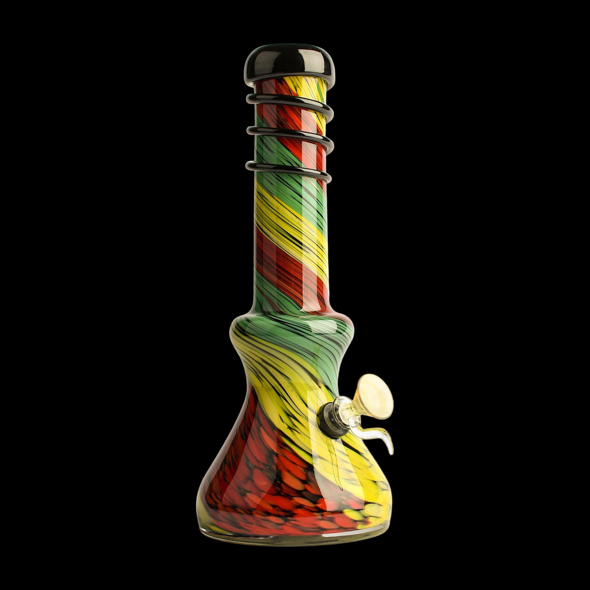 Retro Glass 10" Parallax Beaker - 10-inch retro glass beaker bong with a colorful swirled body, striped neck, and side-mounted bowl.