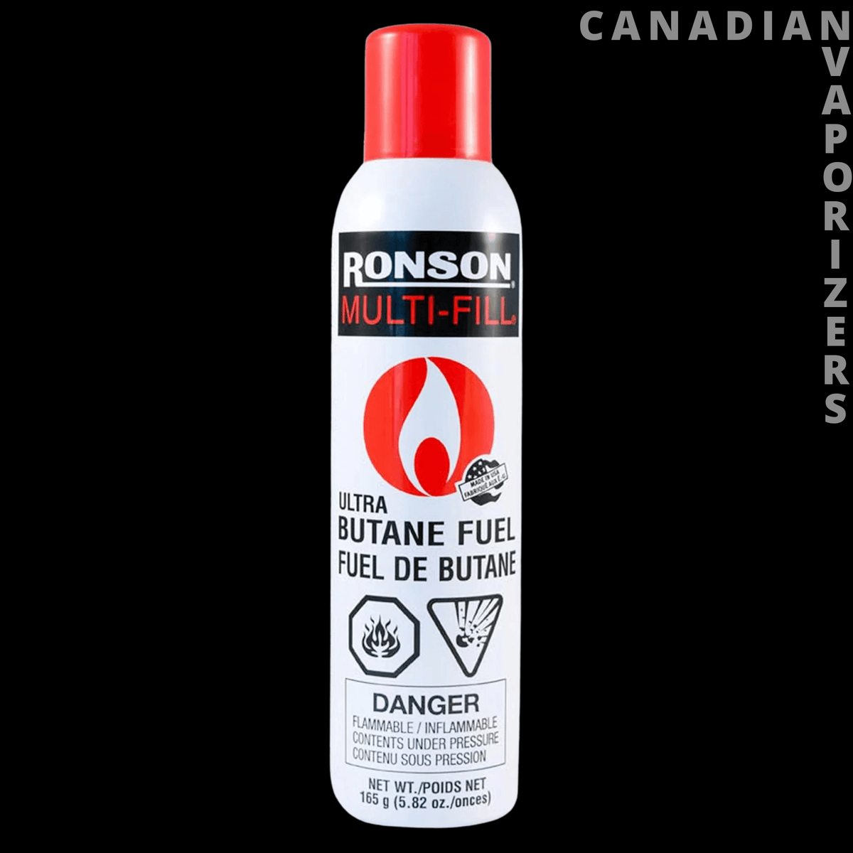 Ronson Butane (165g) - White Ronson Multi-Fill butane fuel can with a bright red cap and hazard labels.