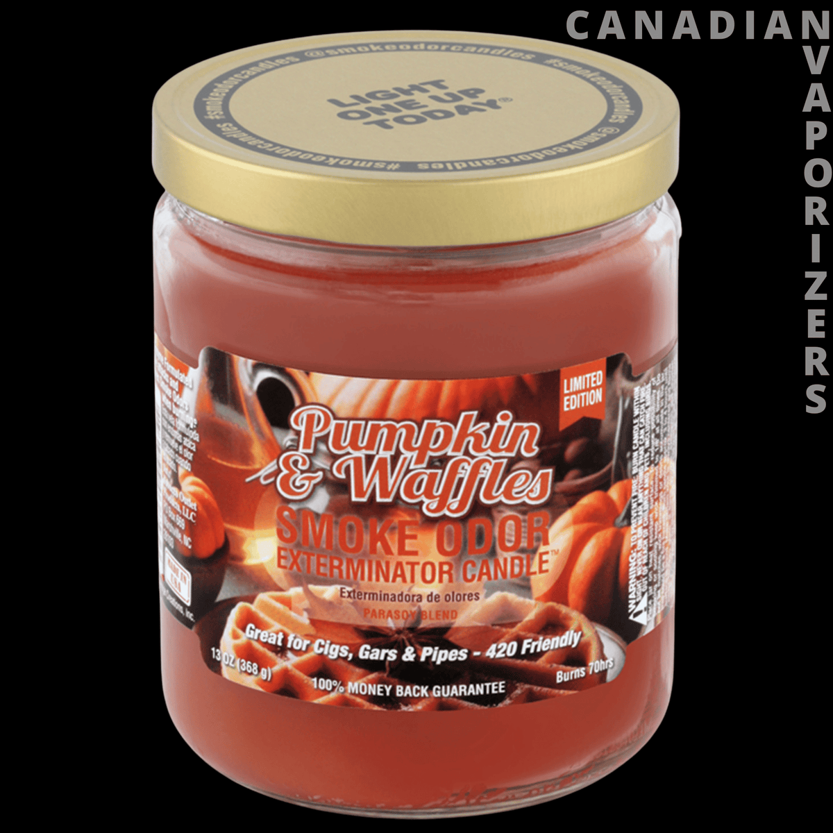 Smoke Odor Exterminator 13Oz Candle - Red-orange glass candle with a gold lid and pumpkin waffle smoke odor exterminator label.
