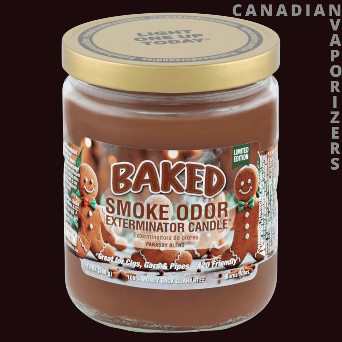 Smoke Odor Exterminator 13Oz Candle - 13-ounce brown glass candle with a gold lid and colorful Baked Smoke Odor Exterminator label.
