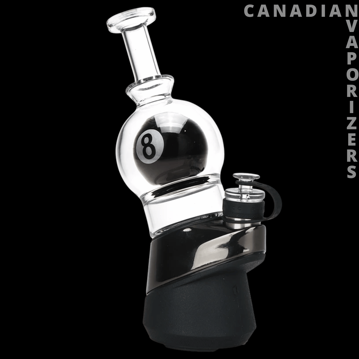 Puffco Peak Custom Mouthpieces - Black Puffco Peak glass mouthpiece with a clear curved chamber, round 8-ball insert, and angled neck.