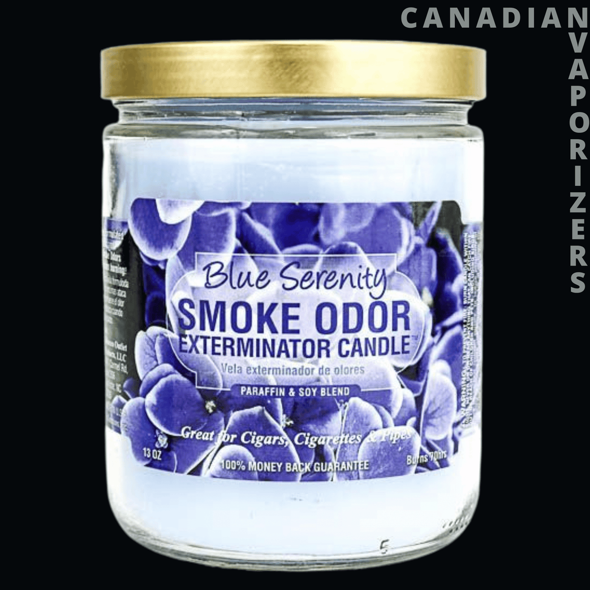 Smoke Odor 13oz Blue Serenity Candle - Clear glass candle jar with a gold lid and blue floral label reading “Blue Serenity Smoke Odor Eliminator Candle.”.