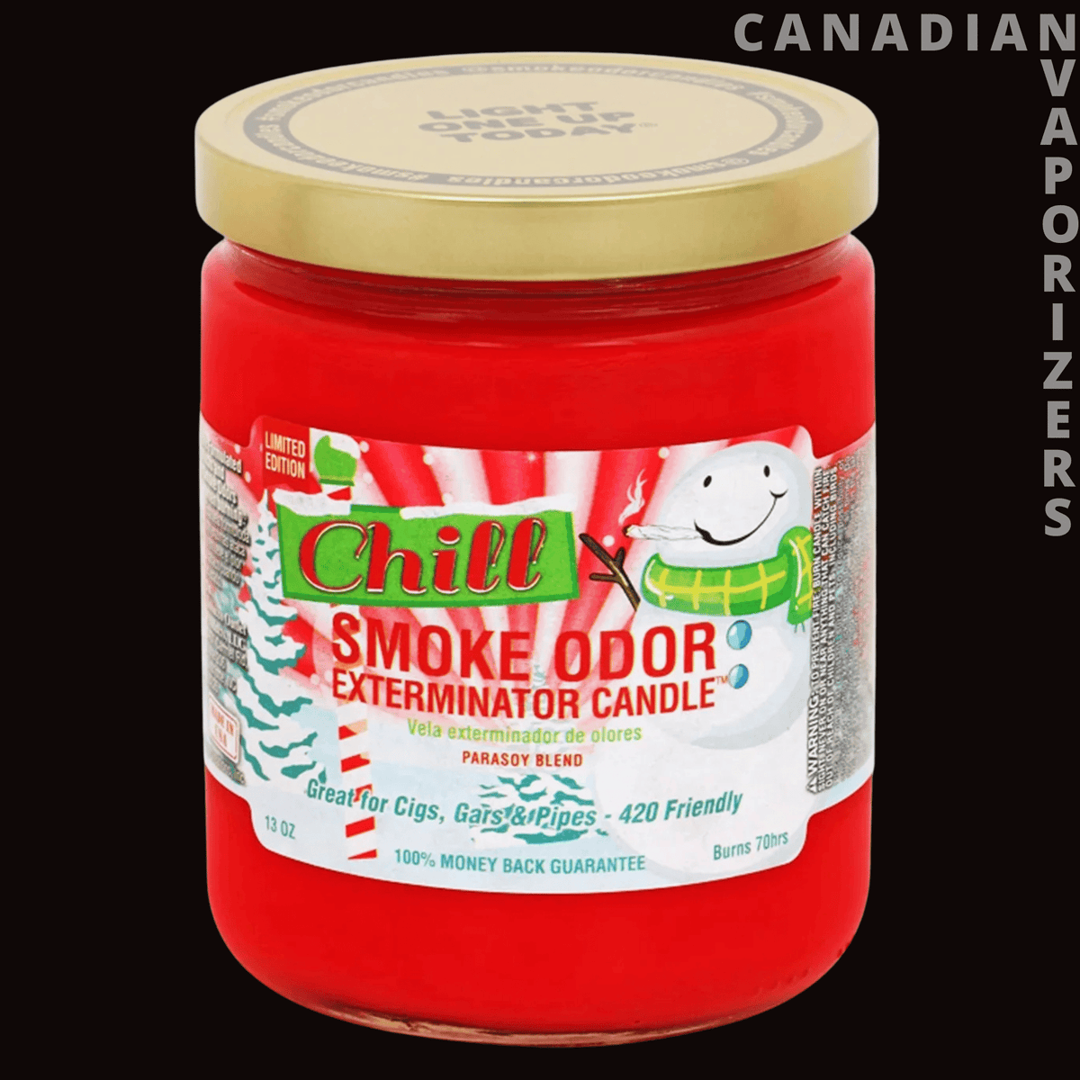 Smoke Odor 13oz Chill Candle - Red 13-ounce Chill Smoke Odor Exterminator candle in a clear jar with a gold lid and festive snowman label.