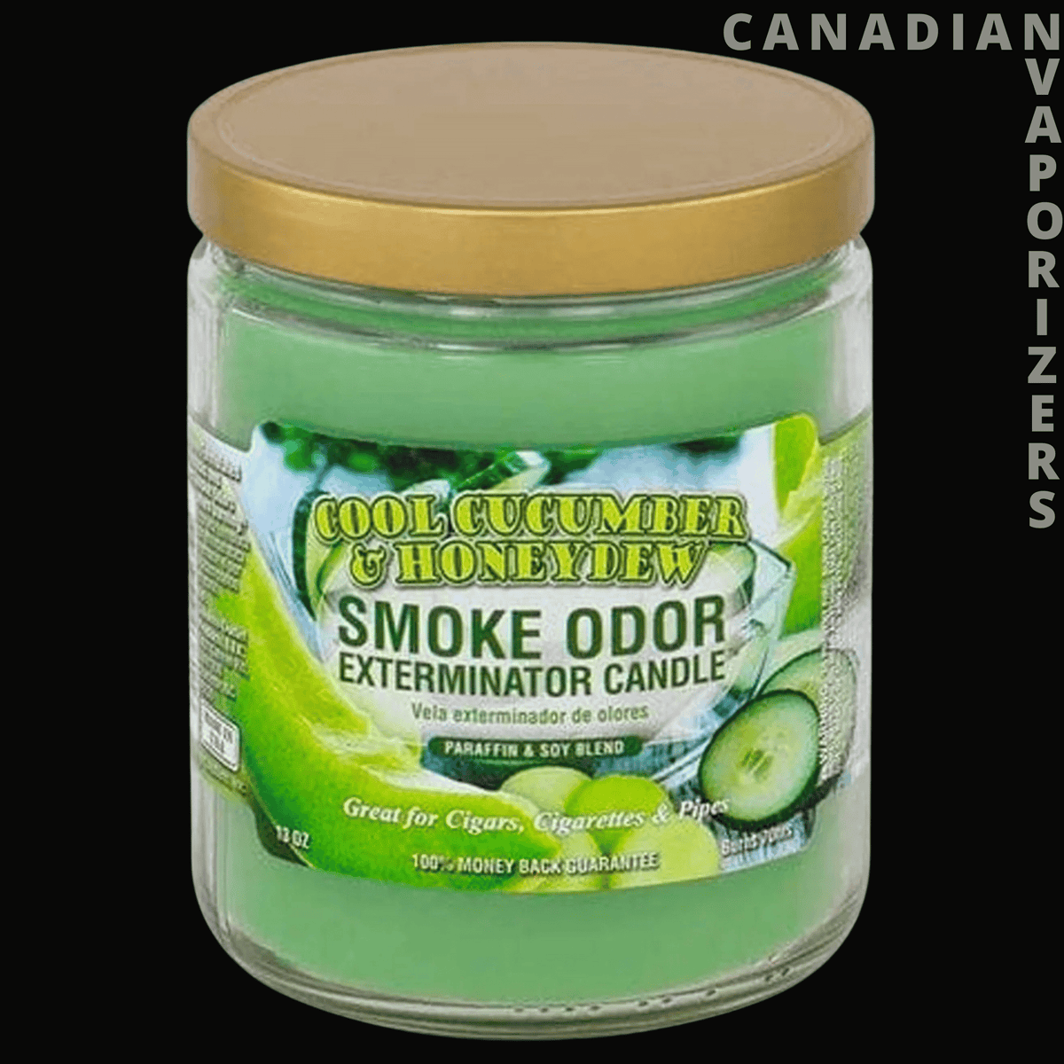 Smoke Odor 13oz Cool Cucumber &amp; Honeydew Candle - Green glass candle jar with a gold lid and bright green Cool Cucumber &amp; Honeydew smoke odor eliminator label.