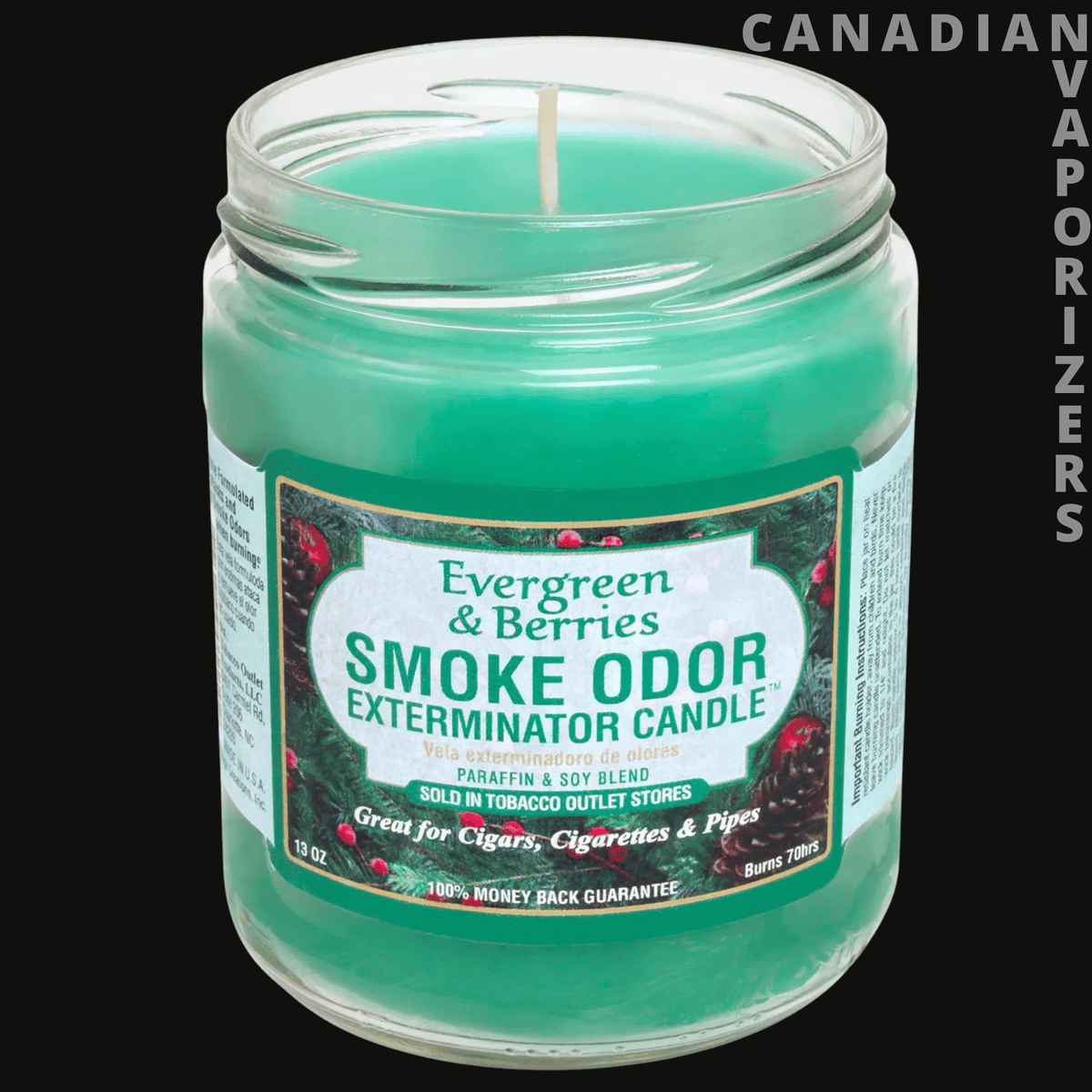 Smoke Odor 13oz Evergreen &amp; Berries Candle - Clear glass jar candle filled with teal wax, featuring an evergreen and berries smoke odor label.