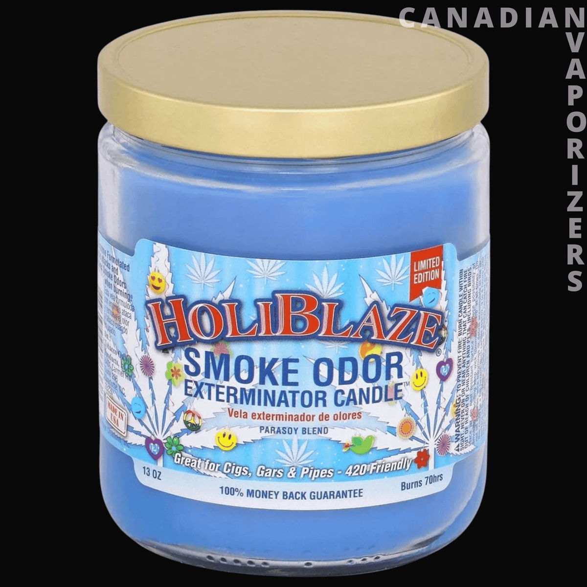 Smoke Odor 13oz Holiblaze Candle - Blue Smoke Odor Holiblaze candle in a clear glass jar with a gold lid and colorful label.