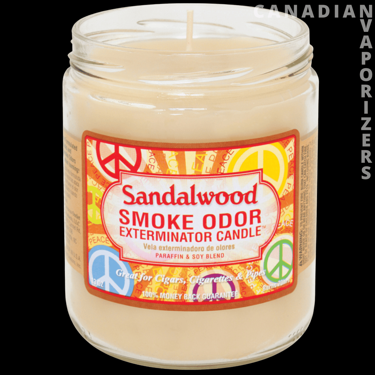 Smoke Odor 13oz Sandalwood Candle - Cream-colored sandalwood smoke odor candle in a clear glass jar with a colorful label and visible wick.