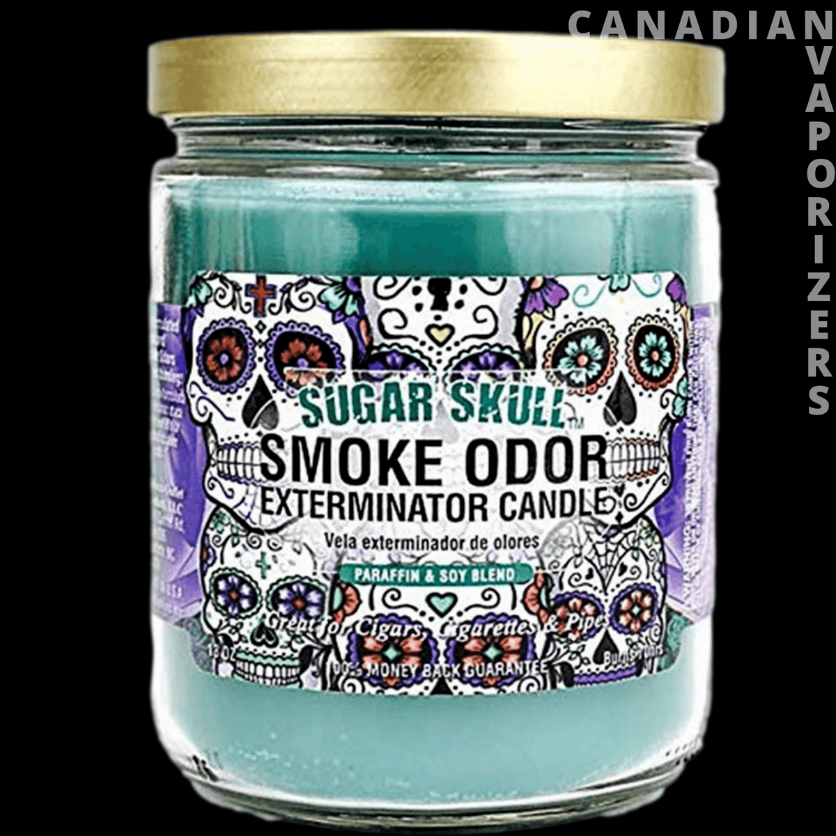Smoke Odor 13oz Sugar Skull Candle - Turquoise glass candle jar with a cream lid and colorful sugar skull label reading “Smoke Odor.”.