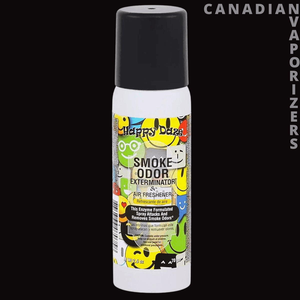Smoke Odor 2.5oz Happy Daze Spray - Small white Smoke Odor Eliminator spray can with a black cap and bright yellow, green, and blue Happy Daze label.