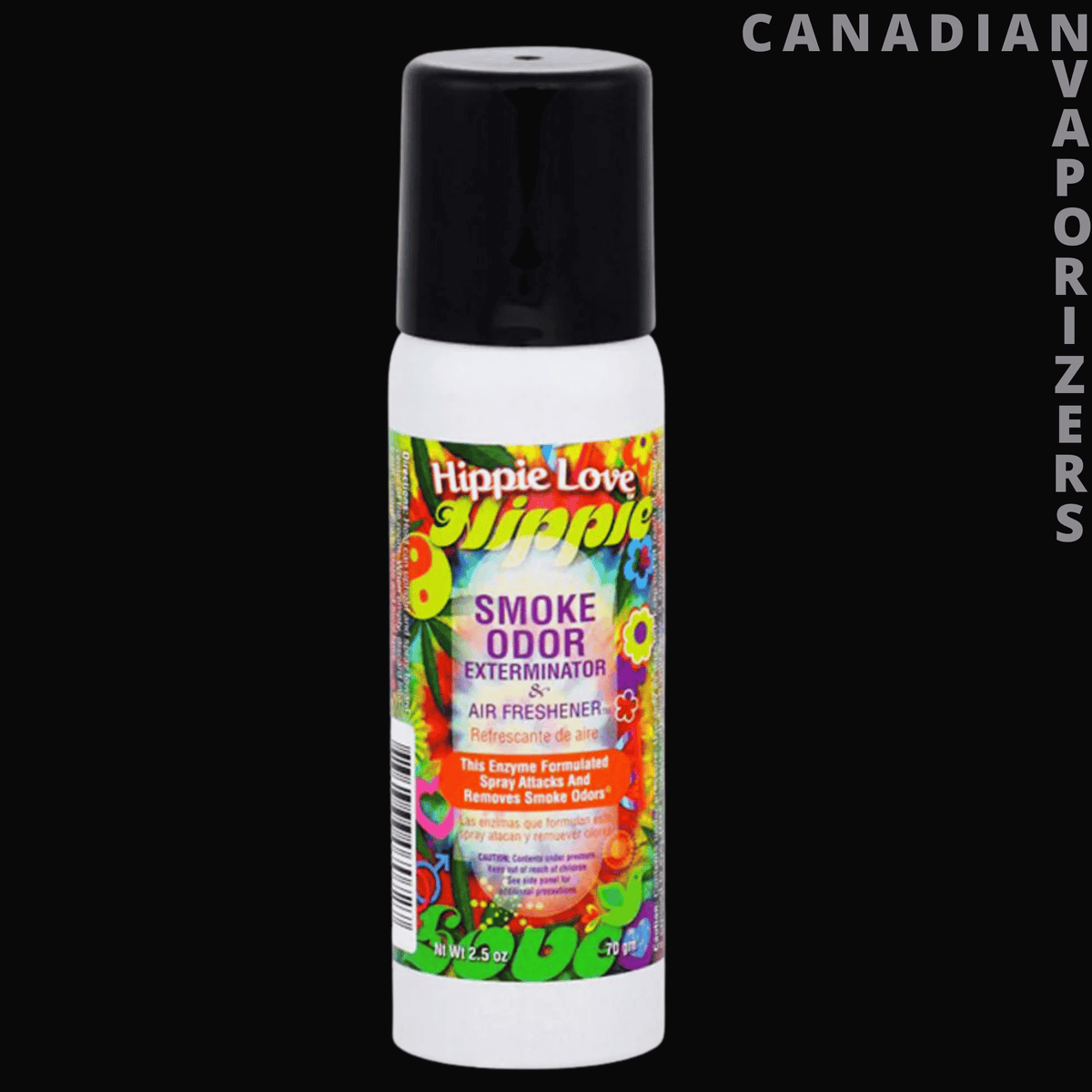 Smoke Odor 2.5oz Hippie Love Spray - 2.5 oz Hippie Love smoke odor spray with a black cap and colorful floral label on a white bottle.