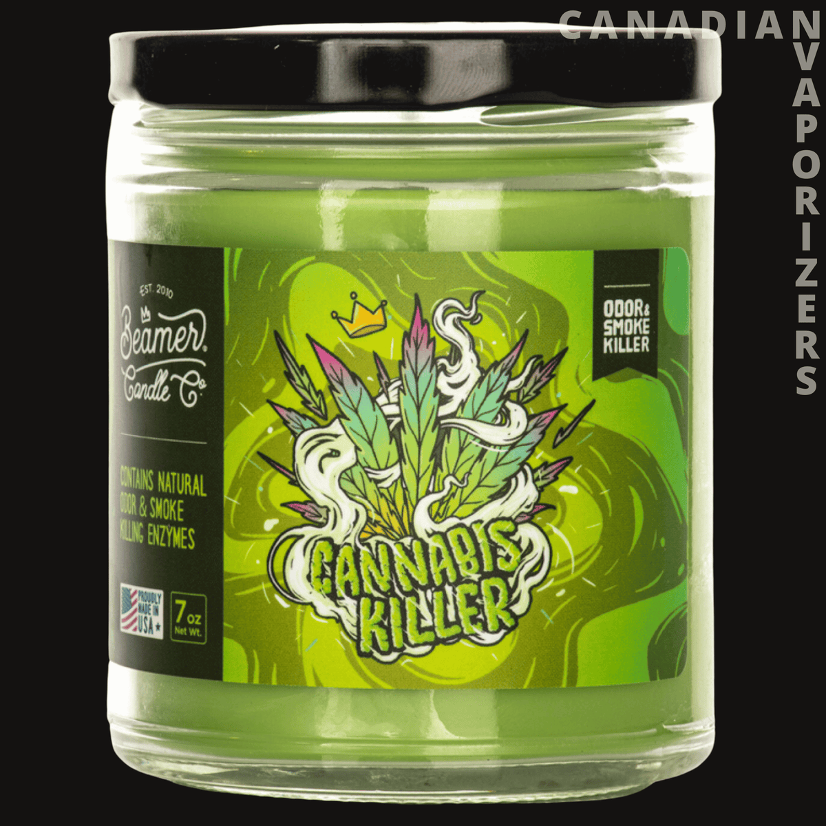 Beamer Candle Co 7oz Cannabis Killer Candle - Green glass candle jar with a black lid and bold Cannabis Killer illustrated label.