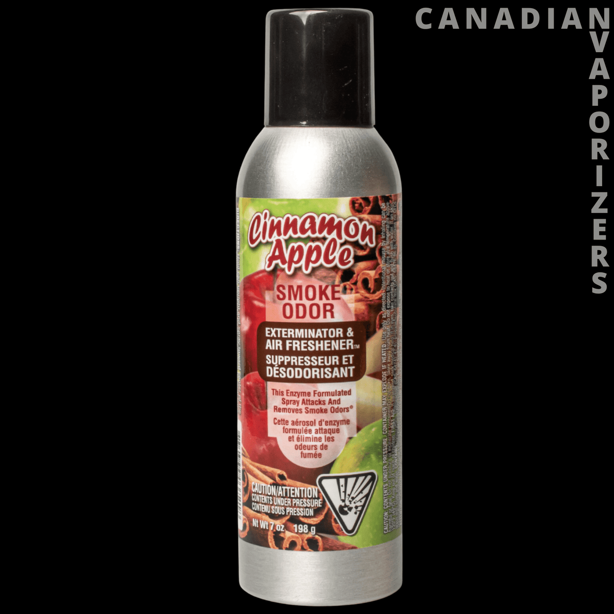 Smoke Odor 7oz Cinnamon Apple Spray - Silver 7-ounce aerosol can with black cap and red Cinnamon Apple Smoke Odor label.